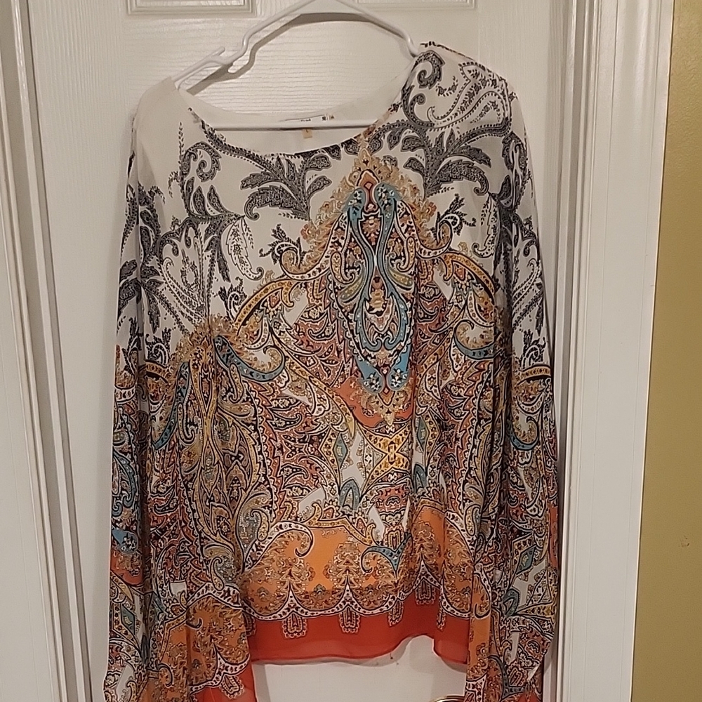 Paisley Print Blouse with Orange and Blue Accents